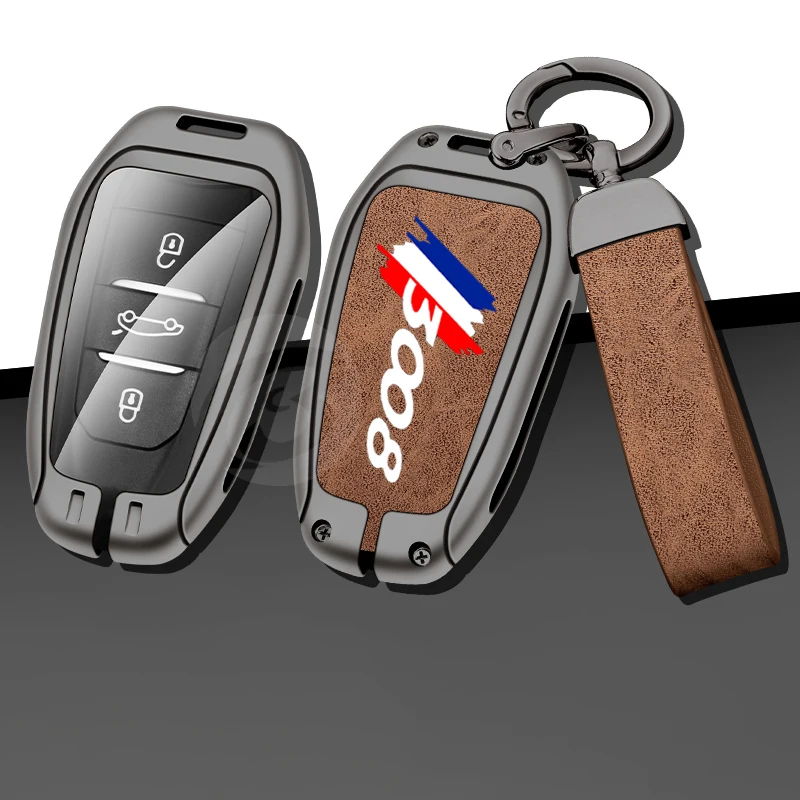 

Car Key Fob Case Cover Alloy Leather Holder Keychain For Peugeot 3008 Hybrid Occasion Remote Keyless Shell Accessories