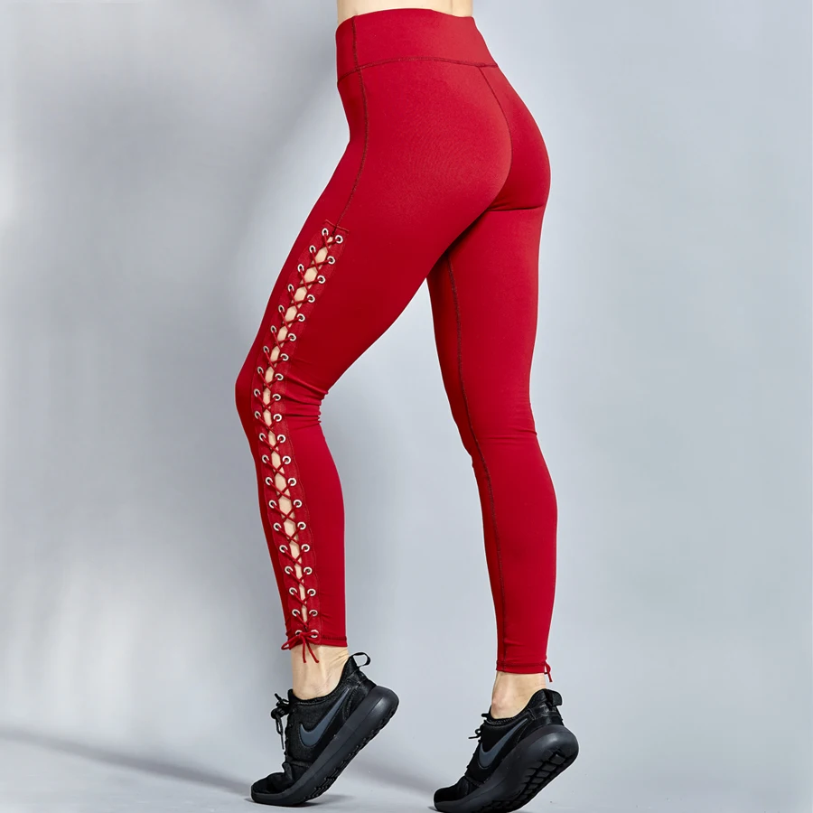 LPS002 New 2023 Sexy Slim Fit Cock Eye Strap Yoga Push Up Pants Side Lace Red