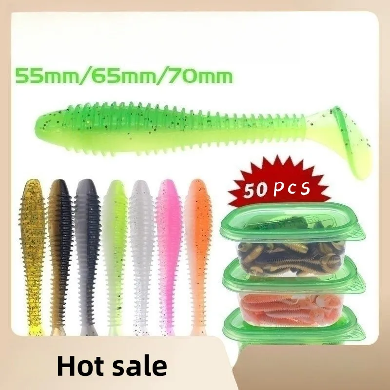 

HANLER 50pcs New Fishing Soft Lure Bait T-tail Silicone Fake Bait Soft Fish Take All Bait Fishing Lure Carp Fish 55mm/65mm/70mm