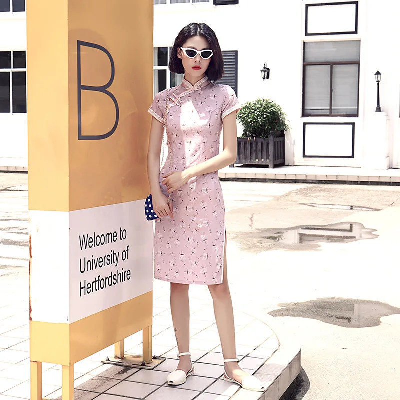 

Summer New Pink Women Cotton Qipao Straight Dress Mid Length Print Chinese Dresses Vintage Mandarin Collar Cheongsam Gown Skirts