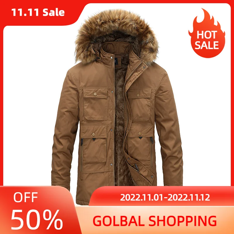 100% Cotton Men Fleece Hooded Down Jacket Winter Mens Thicken Warm Fashion Parkas Coat jaqueta masculina