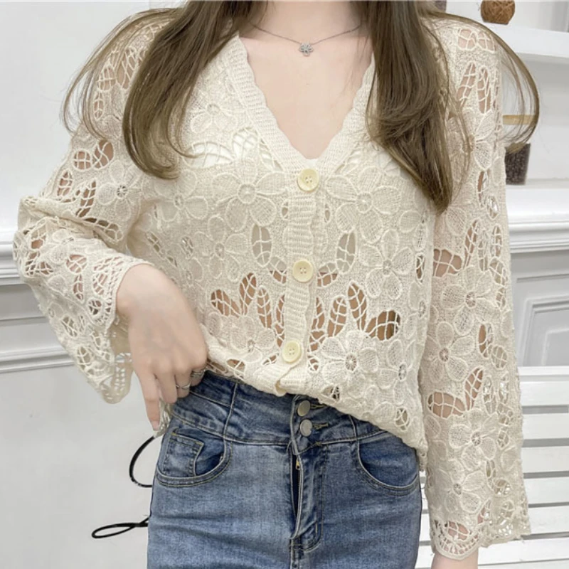 

Женский кружевной кардиган с V-образным вырезом и длинным рукавом
