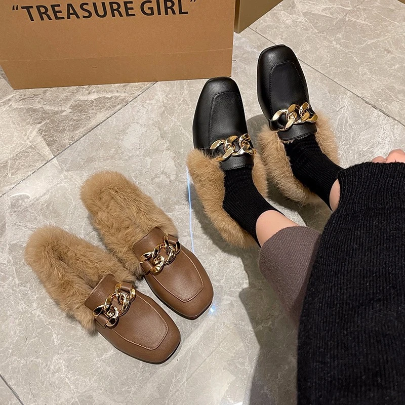 

Wool Shoes for Women In Winter 2022 New Style Thick Heel Retro Square Head Muller Shoes Long Plush Warm Women's Shoes Pumps