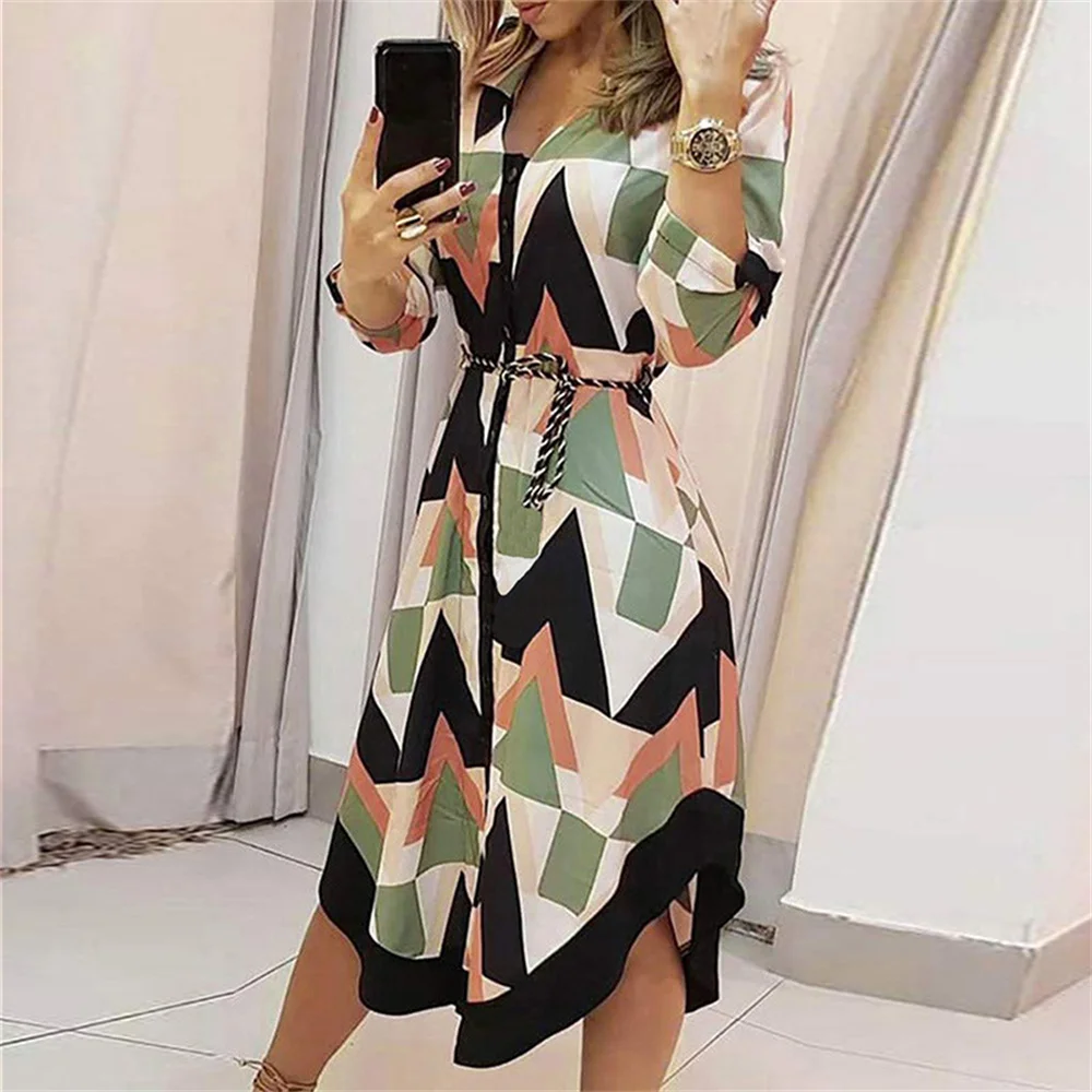 

Elegant Women's Print Shirt Dress V-Neck Cover Up Wave Long Sleeve Fashion Dress Female 2023 New in Casual Loose Long Dress