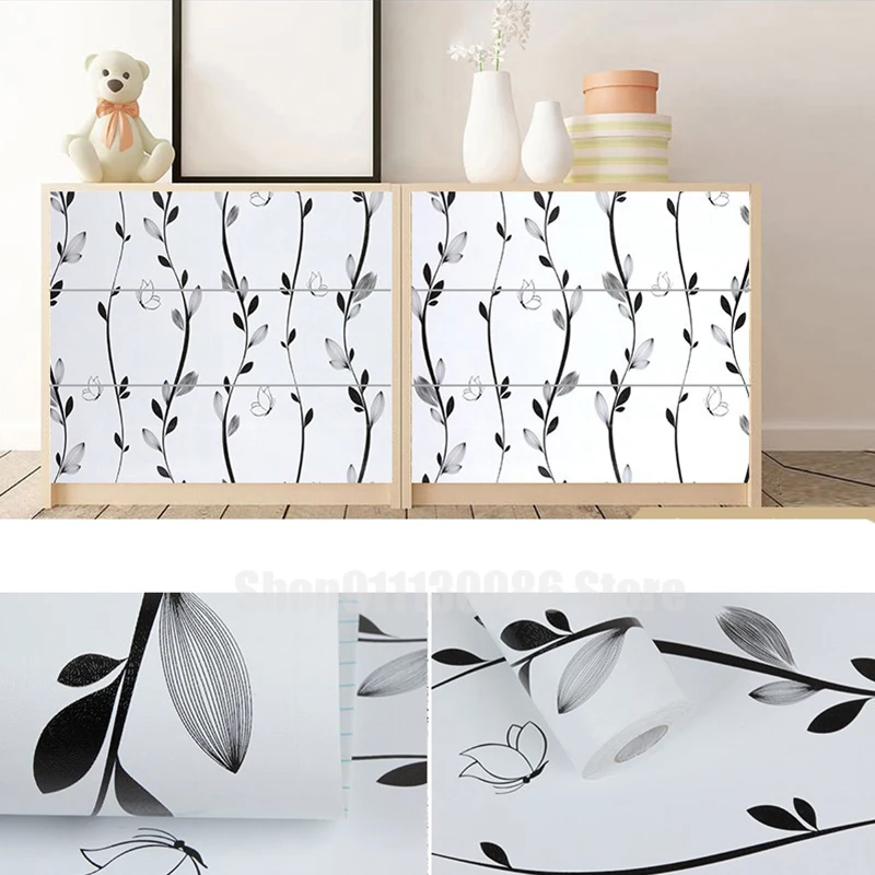 

Black White Self Adhesive Wallpaper Floral Printed Furniture Desktop Living Room Kitchen Wall Paper Home Decor Cabinet Stickers