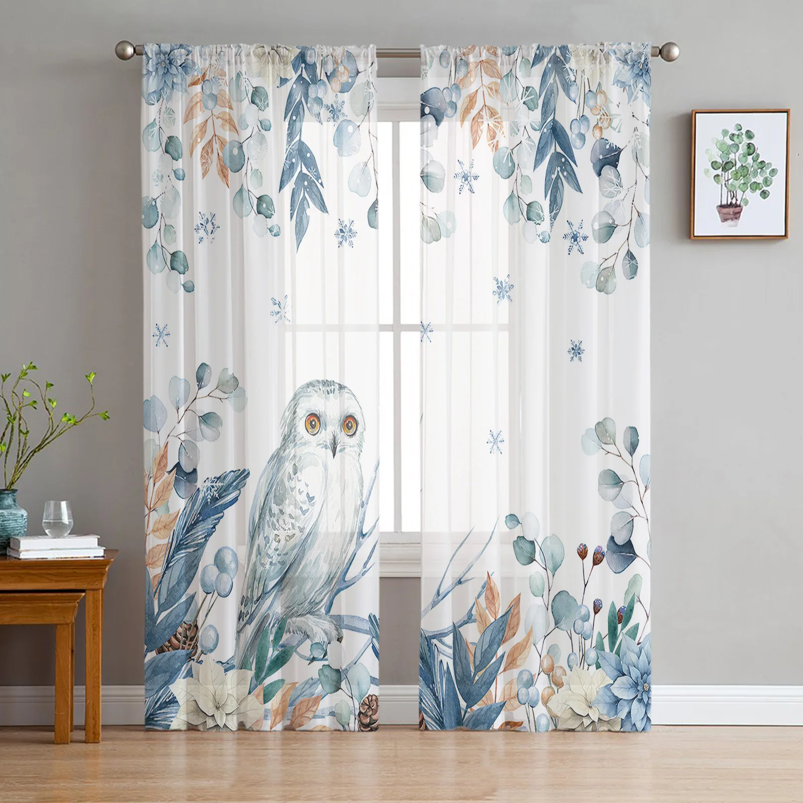 

Рождественская Сова пуансетия эвкалипт лист ягоды прозрачные шторы гостиная спальня Тюль занавеска кухня домашний декор оконные драпировки