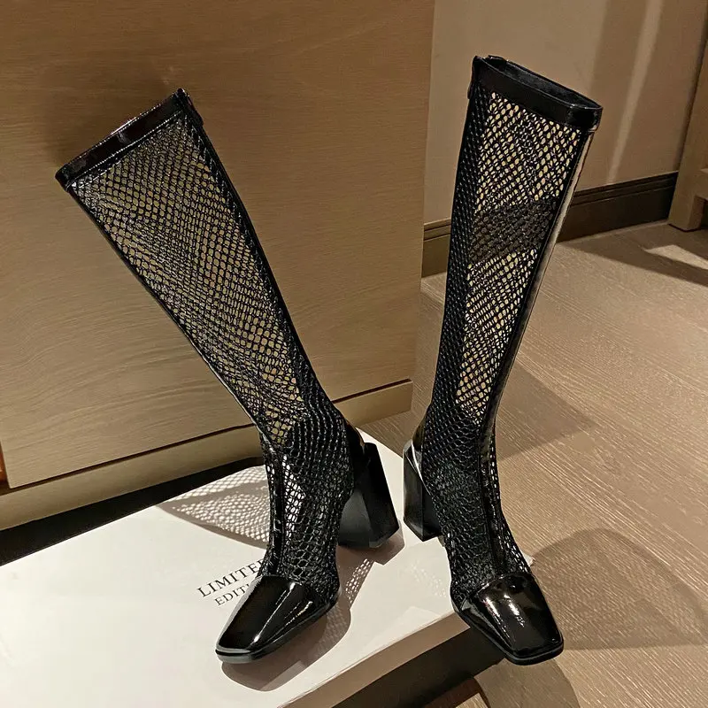 

Summer Knee Boots Women Mesh Shoes Thick High Heels Platforms Genuine Leather Zipper Pumps Ladies Night Club Party Size 40 41 42