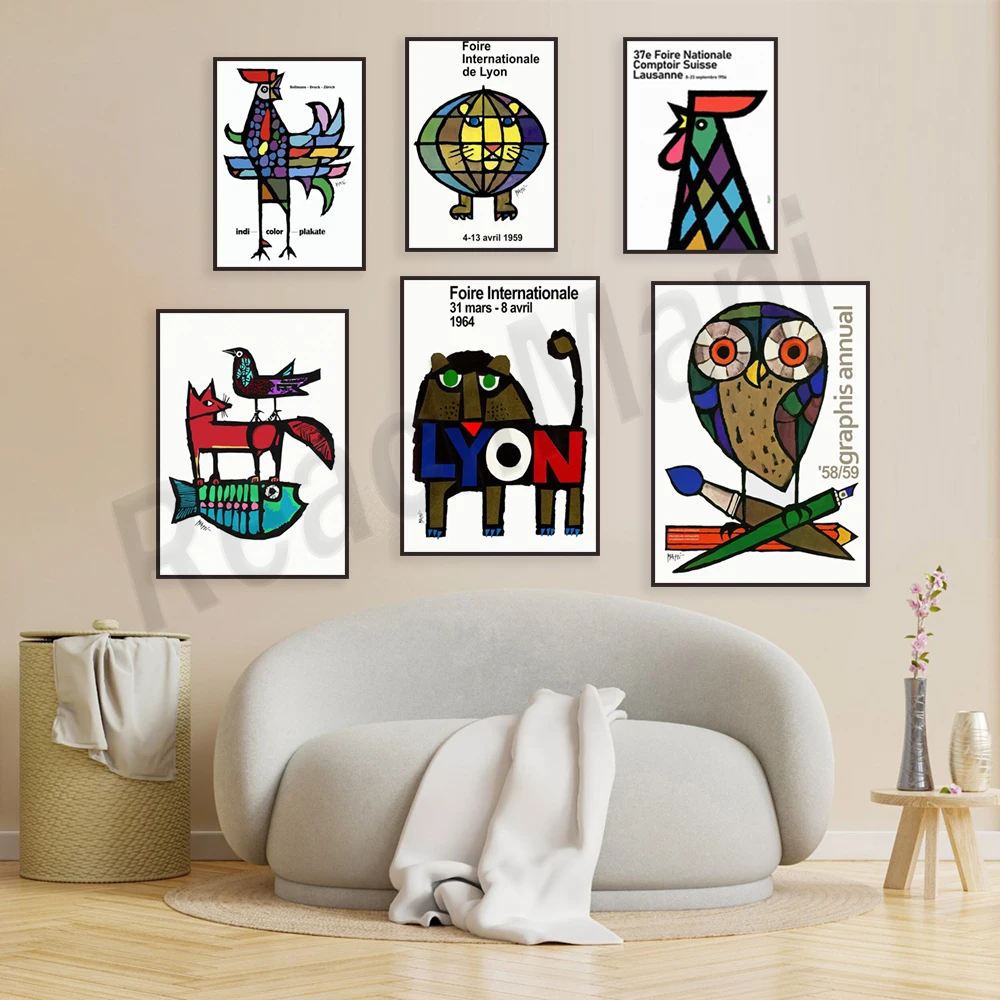 Плакат с изображением совы Льва павлина петуха яркого цвета льва