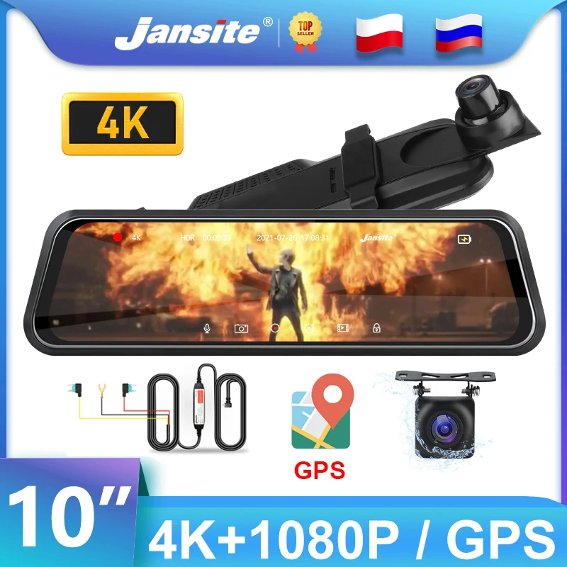 Jansite 10" Car DVR 4K Dash cam Touch Screen Stream Media Camera 2160P Dual Lens Time-lapse Video IP68 Waterproof Rear camera