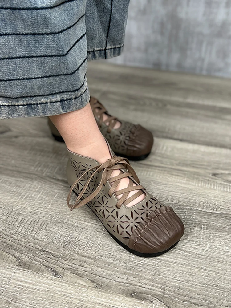 

Сандалии женские из натуральной кожи, перфорированная подошва, мягкая подошва, шнуровка, туфли на плоской подошве, роскошные дизайнерские