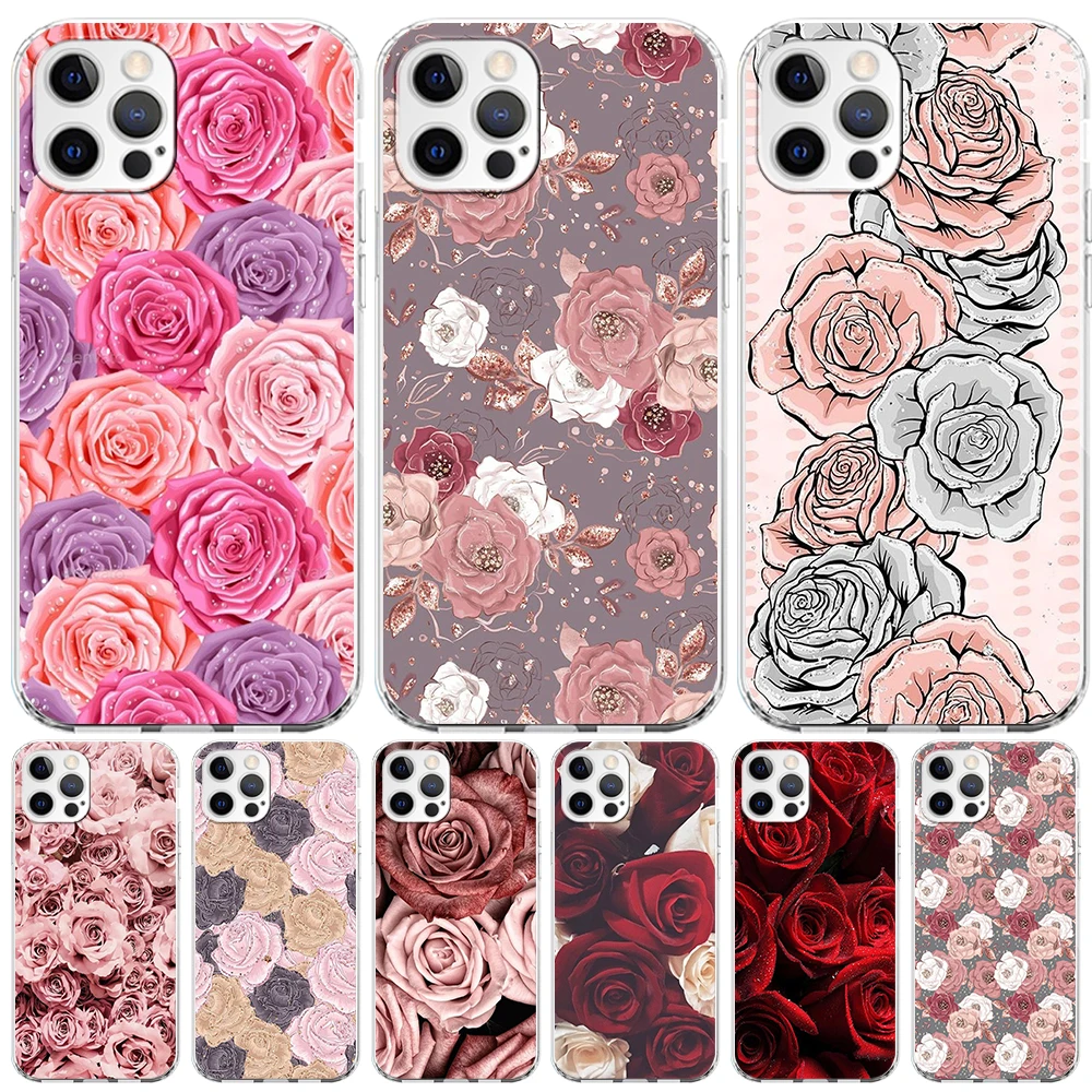 

Pink Rose Bling Print Case for Apple iPhone 14 Plus 13 12 Mini 11 Pro Max XR XS 7 8 X 6 6s Plus SE 2020 5s Clear TPU Phone Cover