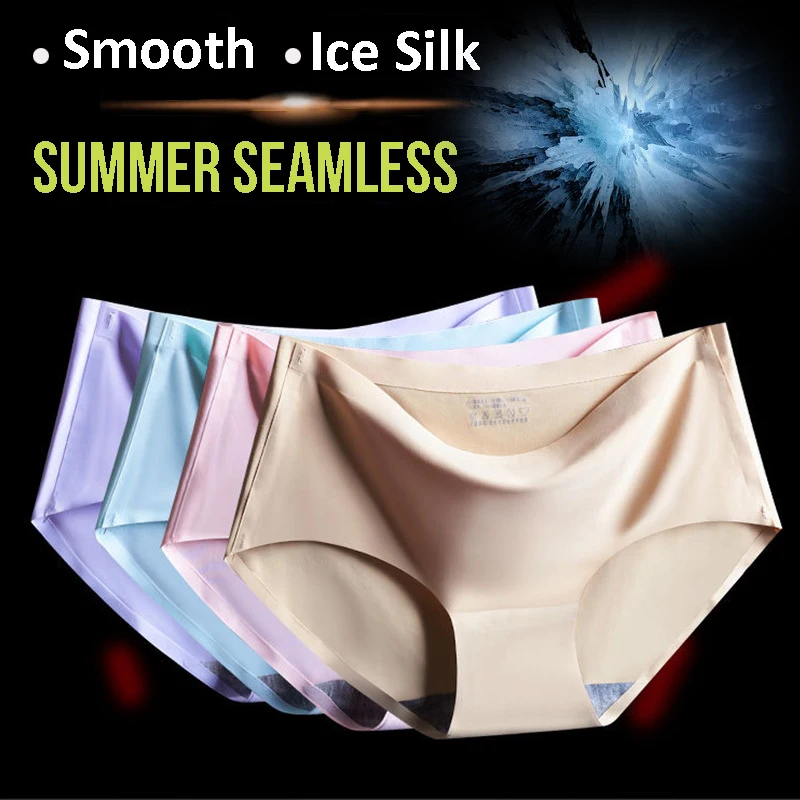 

Women Soft Ice Silk Seamless Panties Smooth Summer Lingerie Briefs Underwear Hipster Underpants Mid Waist Panty