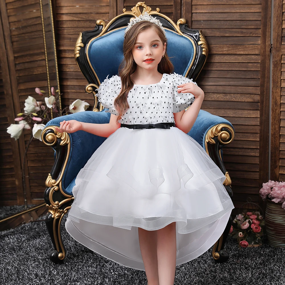 

Elegant White Polka Dot Princess Party Dress Girls Long Tail Dresses for Girls of 10 Year Old Flower Wedding Gown for Girls