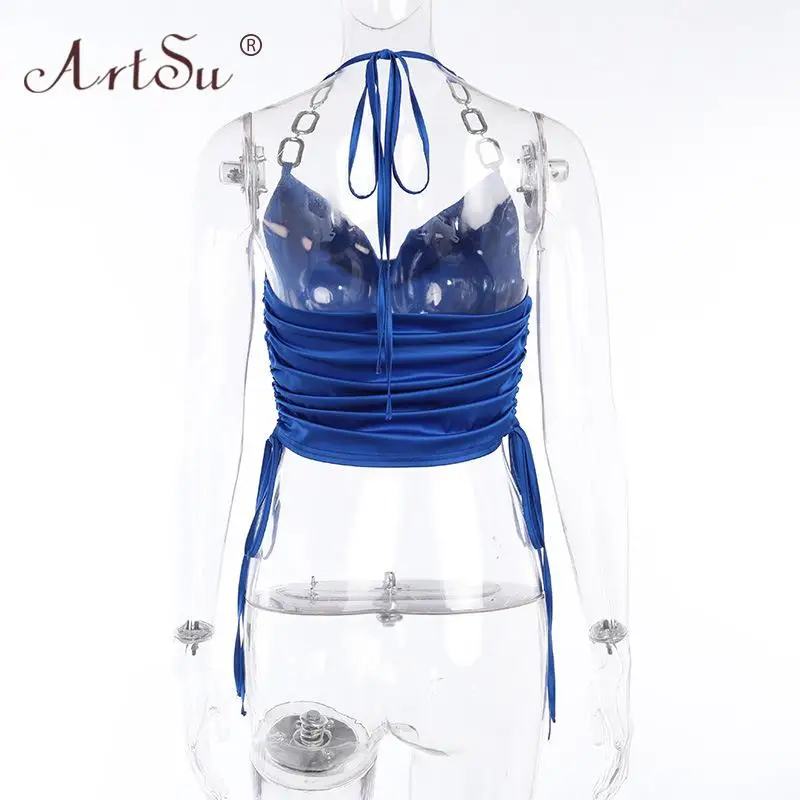 Кроп-Топ женский атласный без рукавов с открытой спиной и рюшами |