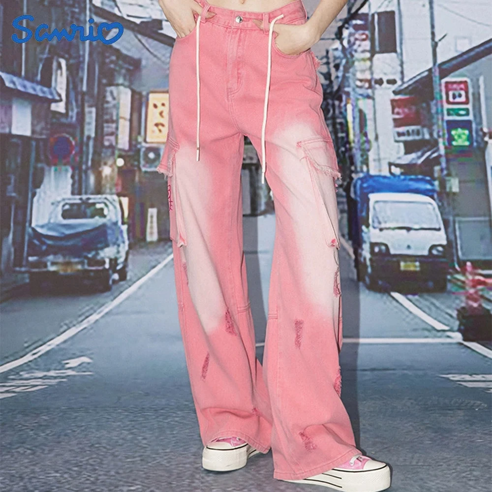 

Hello Kitty Denim Pants High Waisted Trousers Loose Fitting Straight Leg Pants Embroidery Gradient Pink Trendy Girl Clothing