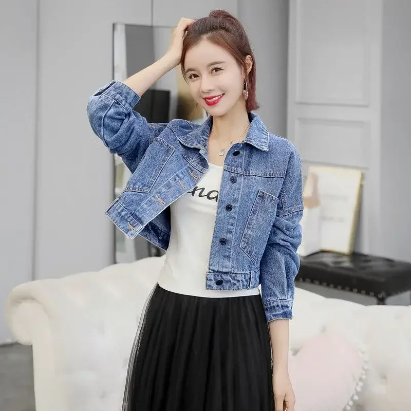 Демисезонная черная джинсовая куртка для женщин Синяя Женская верхняя одежда