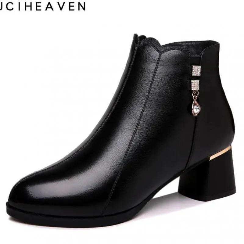 

Women Boots Autumn Winter Boots Fashion Classics ZIP Square Heel Round Toe Genuine Leather Solid Casual Women Shoes Black 34-40