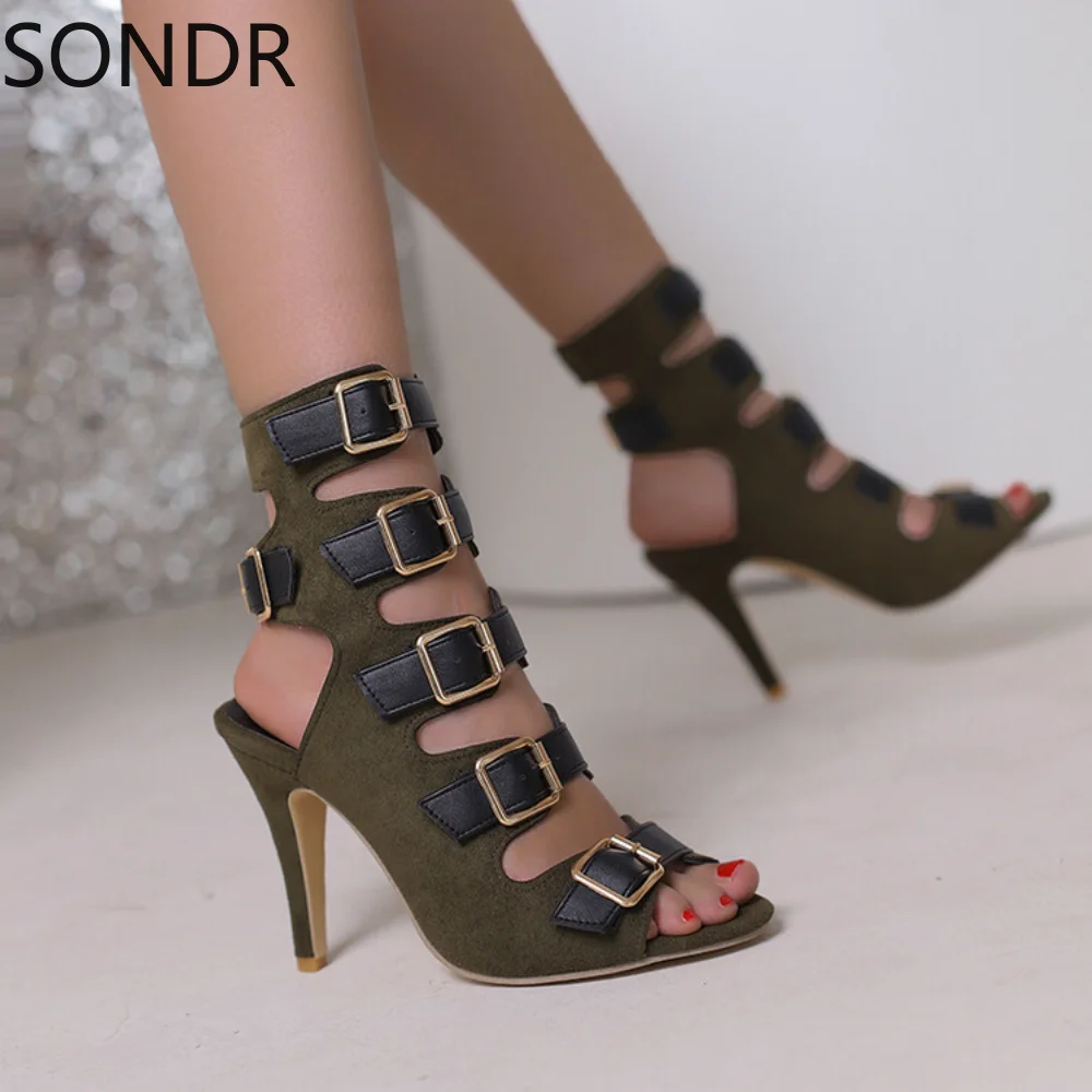 

Womens Peep Toe Belt Buckle Ankle Sandals Boots Stilettos High Heel Hollow Out Slingbacks Summer Shoes Plus Size Sexy