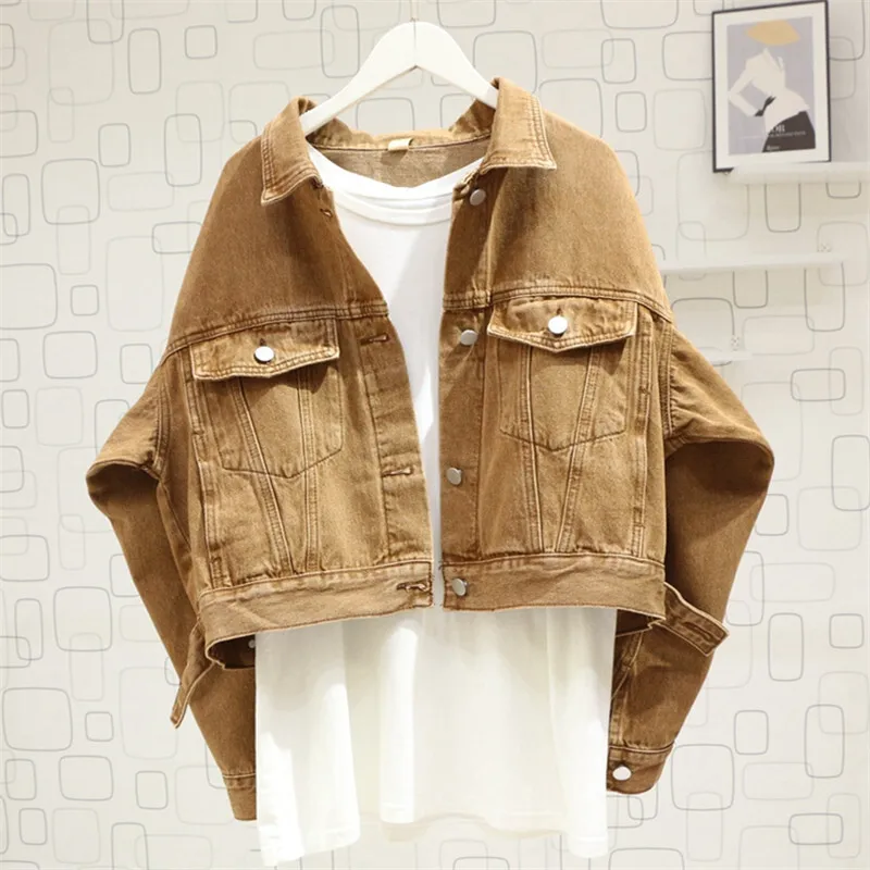 Весенняя винтажная стираная коричневая короткая джинсовая куртка женская