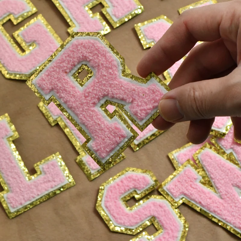 Pink Letters Alphabet Sequins Towel Embroidered Chenille Patches For DIY Clothing Bags Jacket Iron On Accessories Applique images - 6