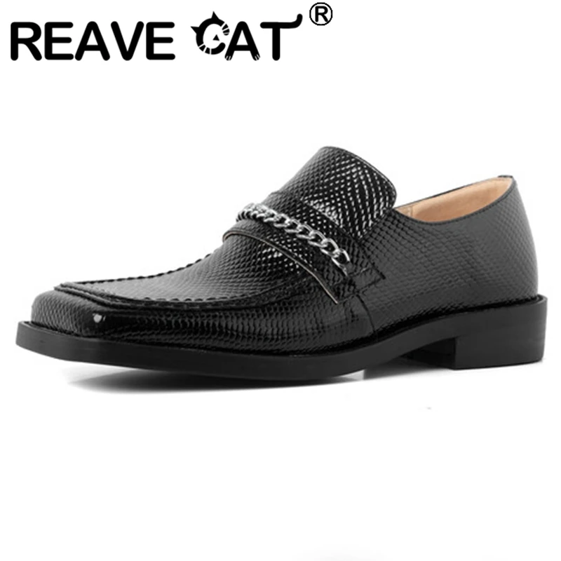 

REAVE CAT 2022 Women Shoes Flats Square Toe Block Heel Snake Leather Chain Slip-On Big Size 33-43 Black Blue Spring Casual S3242