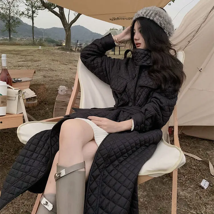 Long Straight Coat Rhombus Pattern Casual Sashes Women Parkas Pockets Argyle Long Plaid Bubble Jacket Indie Vintage Coat Winter