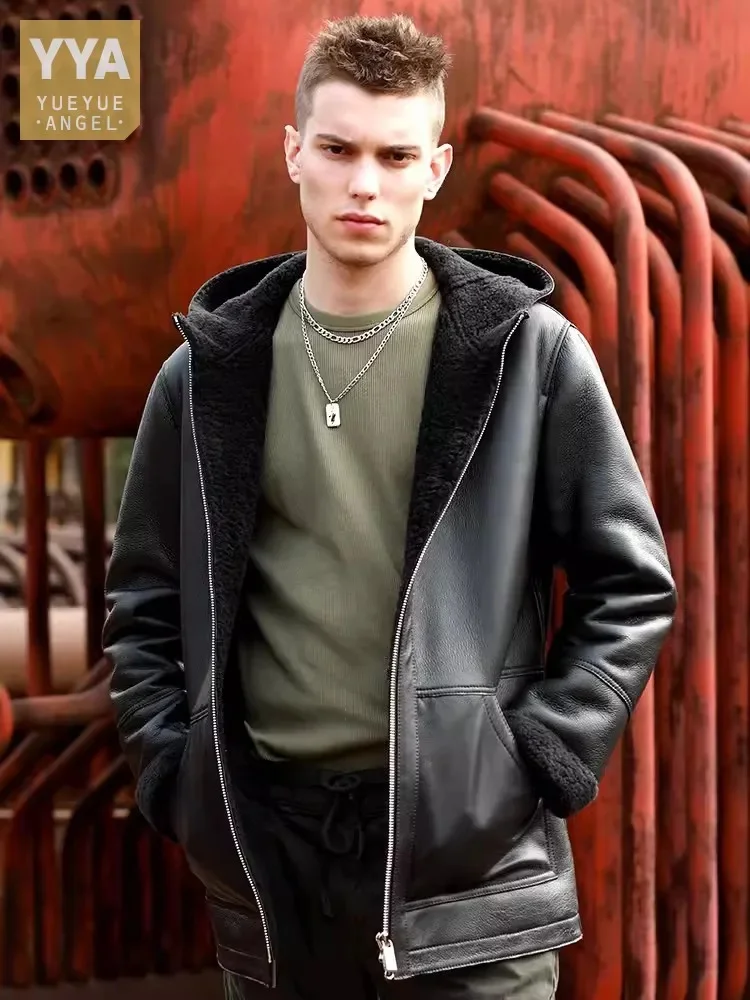 

Luxury Mens Mid Long Hooded Original Shearling Overcoat Straight Zipper Motorcycle Real Fur Jacket Thick Warm Wool Lining Coat