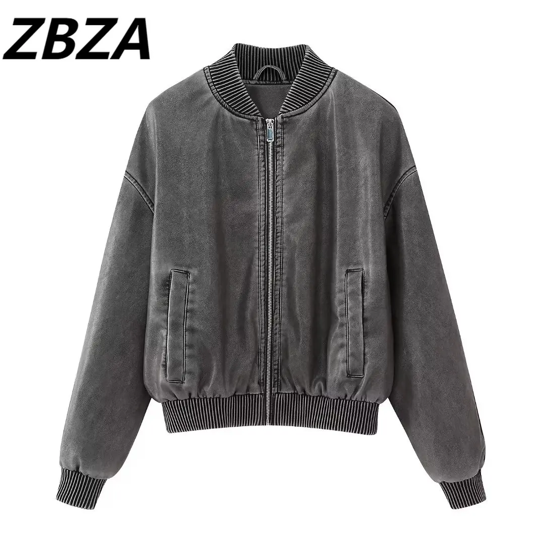 

ZBZA Women 2023 New Fashion Washing Effect Flying Jacket Coat Vintage Long Sleeve Zipper Female Outerwear Chic Overshirt