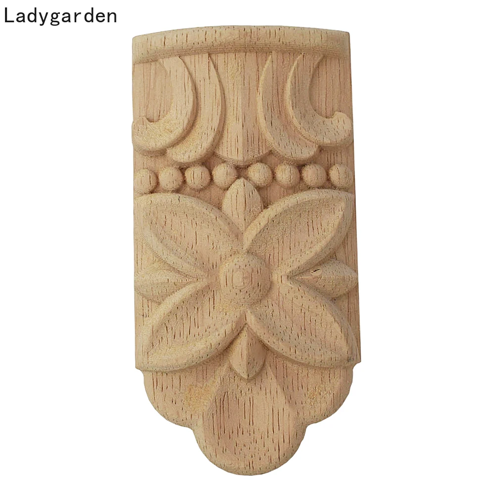 

12cm Wood Carved Onlay Appliques Figurines Frame Decal Furniture Decoration Wooden Crafts Decorative Flower Ornament Miniatures