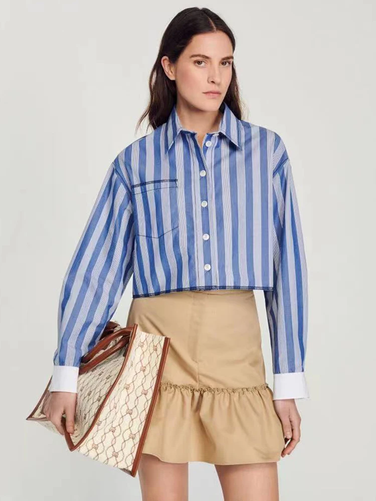 

Женская короткая рубашка в полоску, однобортная блузка контрастных цветов с воротником-поло, рубашка с длинным рукавом, весна-лето