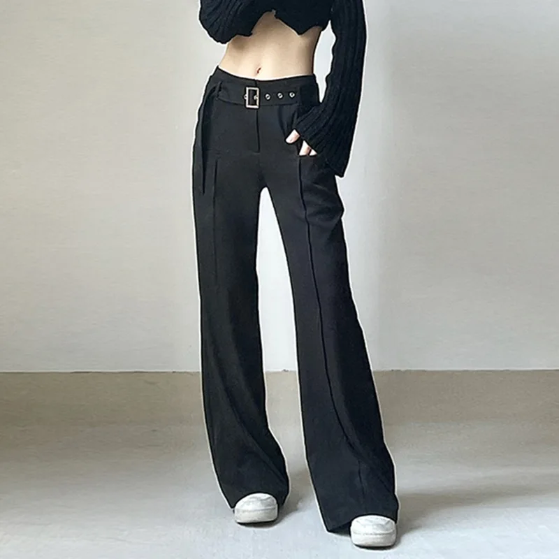 

Pants Women's Street Slim Slim Vertical Straight Suit Pants High Waist Metal Buckle Belt Floor Pulling Casual Pants Y2k Pants