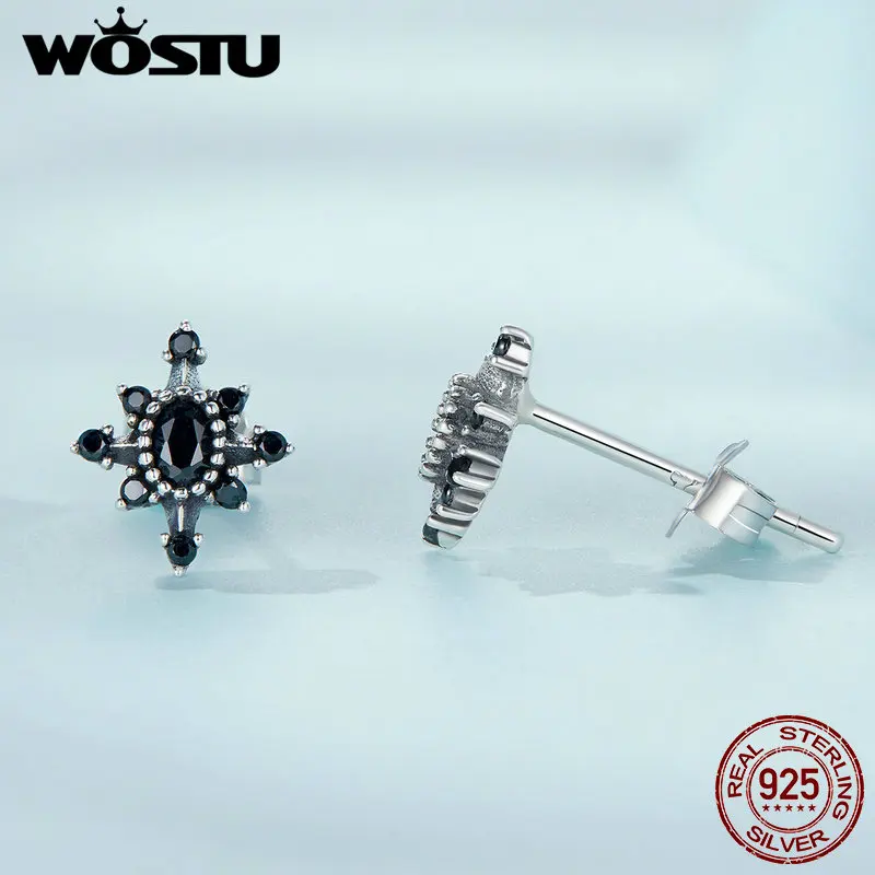 WOSTU 925 Sterling Silver Classical Round Balck Cz Hoop Earrings For Women Wedding Dangle Drop Earring Clips Party Jewelry Gift |