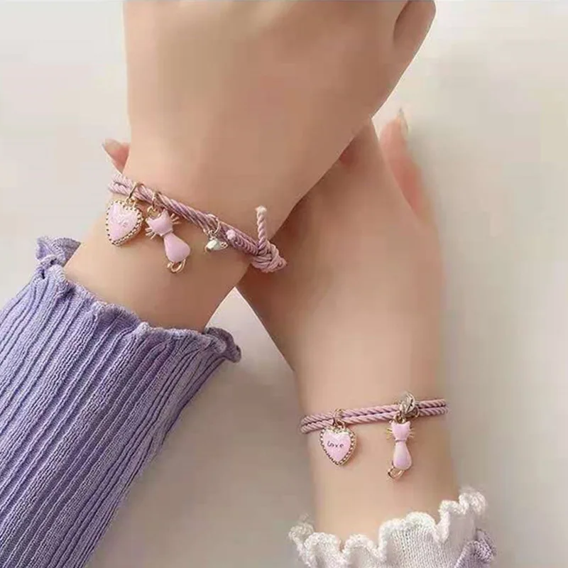 

Magnetic Heart Couple Bracelets for Lovers Cute Anime Pink Cat Charm Bracelet Friendship Jewelry Rope Chain Valentines Day Gift