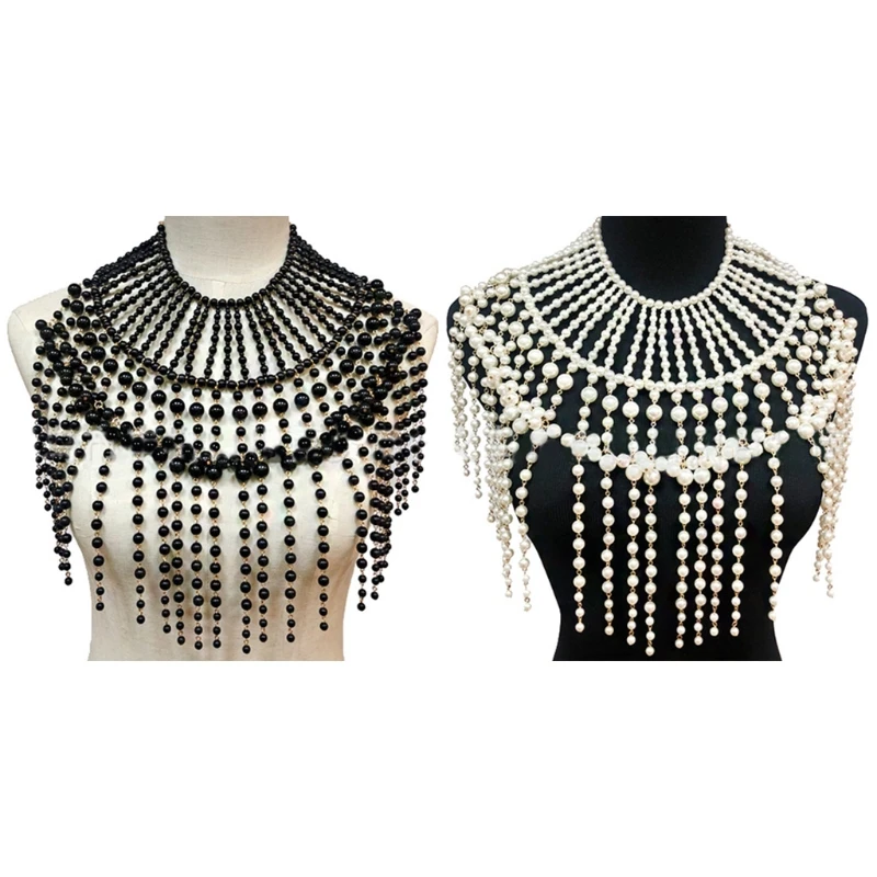 

50JB Exaggerated Layered Jewelry Shoulder Body Chain Harness Pearl Beaded Fringed Tassel Bib Choker Necklace Fake Collar