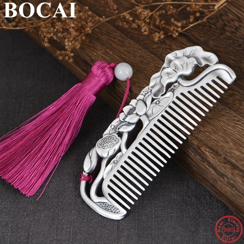 

BOCAI 100% S990 Sterling Silver Headwear Retro Pattern Lotus Comb 2021 New Fashion Pure Argentum Women's Charm Ornaments Jewelry