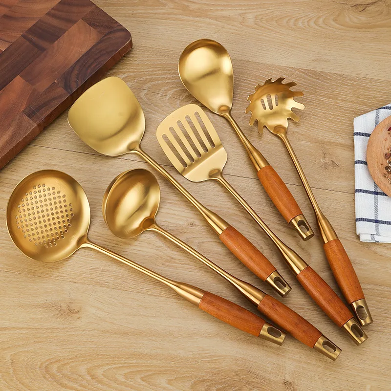

Gold Stainless Steel Cooking Utensils Set Serving Soup Spoon Spatula Kitchen Stuff Non Stick Cookware Set Cooking Appliances