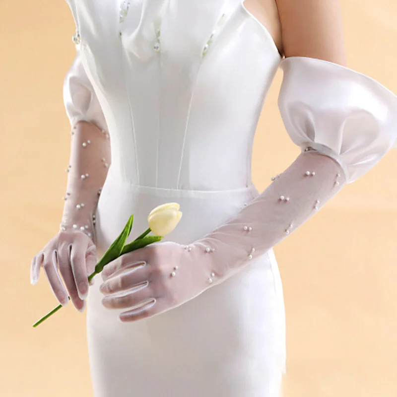 

Женские Длинные блестящие атласные тонкие перчатки для невесты, чехол на руку из тюля с жемчугом, свадебные аксессуары, изысканные аксессуары для одежды