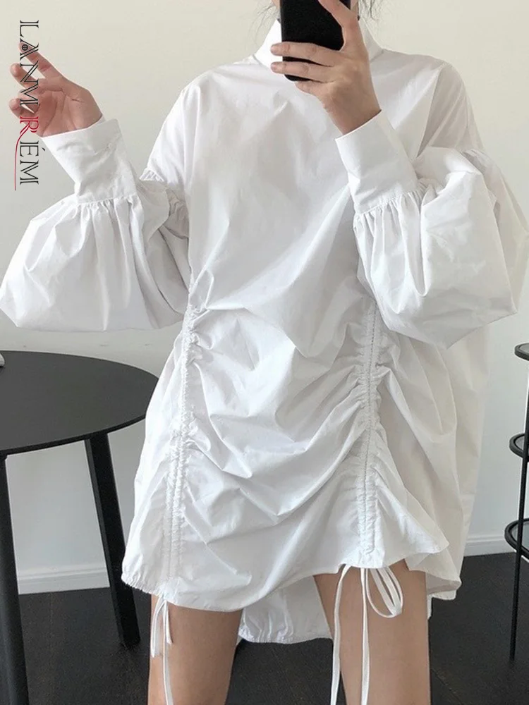 

Женское асимметричное платье LANMREM, корейское платье с воротником-стойкой и длинными рукавами-фонариками, одежда для платья на завязках, новинка 2023, 2YA1899