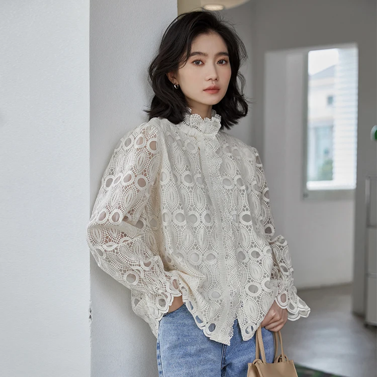 

ZCSMLL Court Vintage Lace Hollow Out Flare Sleeve Shirt For Women Beige Long Sleeve Top Korean Fashion Blouse Autumn Spring