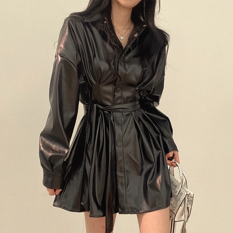Korean Chic Retro Personality V-neck Single Breasted Lace Up Mid Length Motorcycle Jacket Leather Coat Women Korean Girl