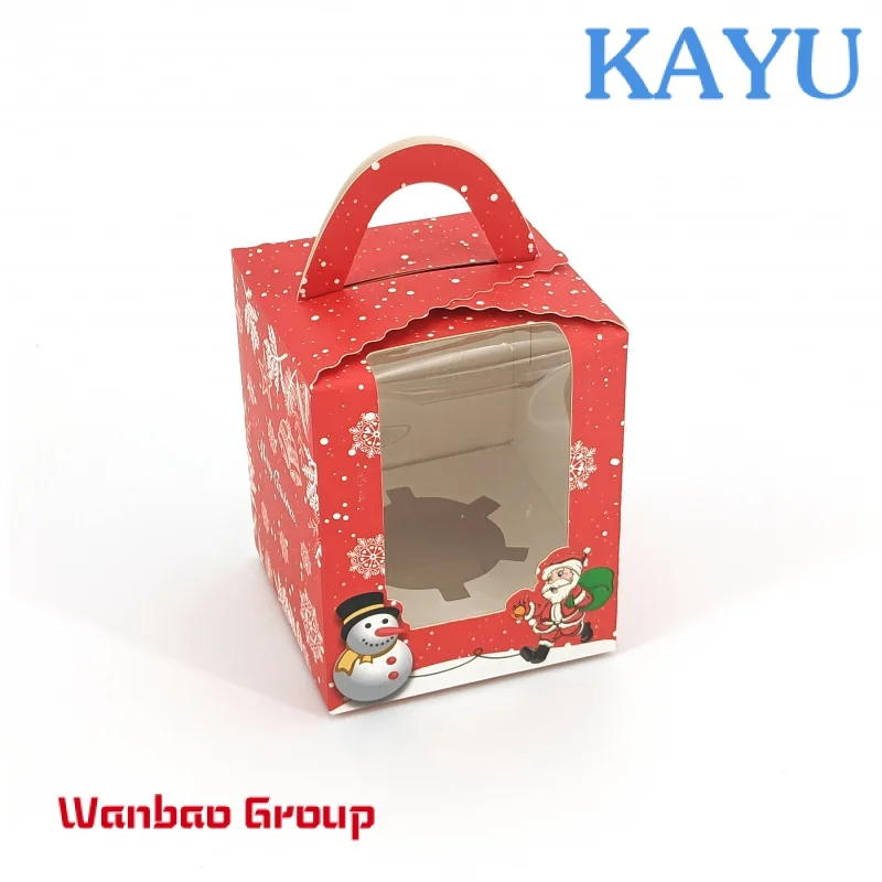 Custom Logo Red Christmas Packaging Boxes Eco-friendly Foldable Food Cupcake Window Packaging Boxes