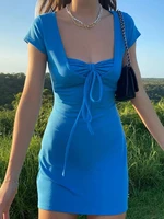 blue mini dress solid bandage smock short sleeve bodycon dresses for women clothes summer fashion o neck buttocks female dress