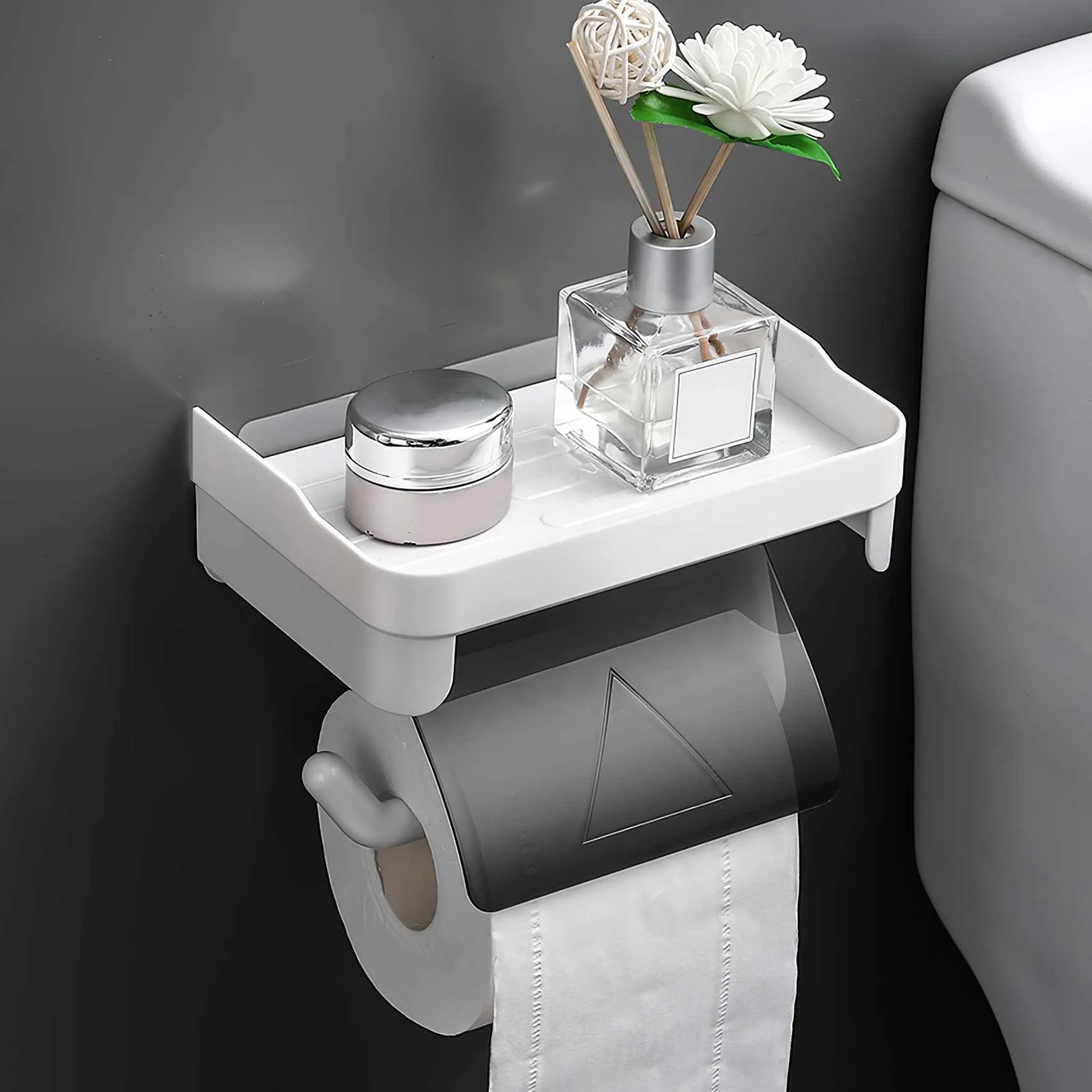 

Toilet Paper Holder Nail-free Non-marking Sticker Mobile Phone Shelf Wall-mounted Rolled Tissue Box with Baffle for Bathroom
