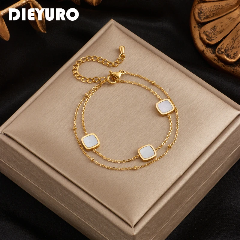 

DIEYURO 316L Stainless Steel Gold Color Square Multilayer Chain Bracelets For Women Fashion Bangles Bracelet Girls Jewelry