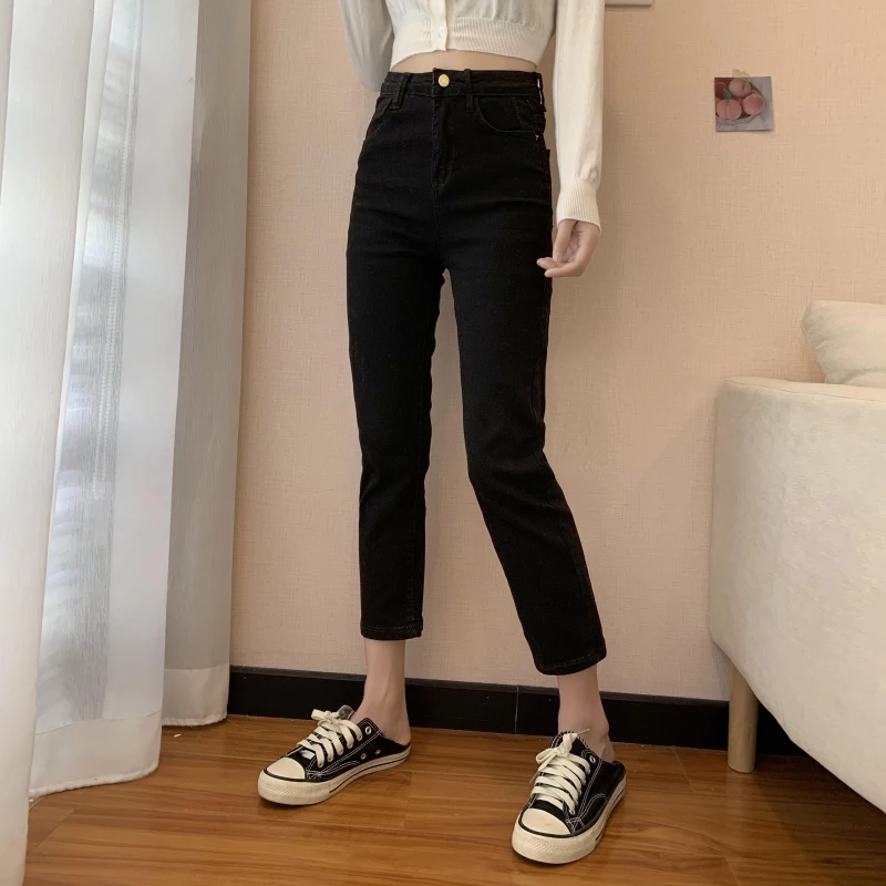 

N0621 The new slim high waist slim slim black cropped trousers jeans
