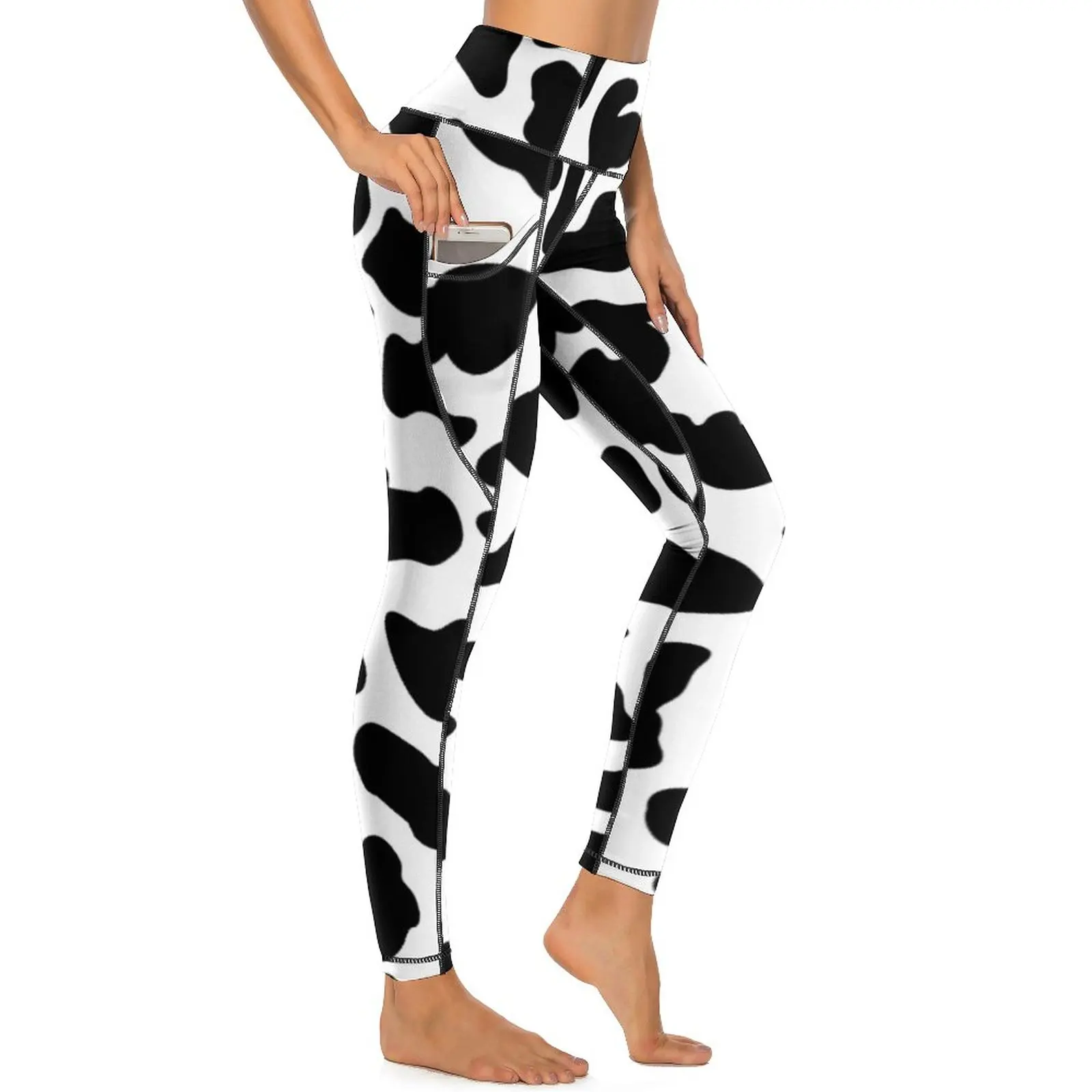 

Cow Print Leggings Sexy Farm Animal High Waist Yoga Pants Casual Elastic Leggins Pockets Women Graphic Fitness Sport Legging