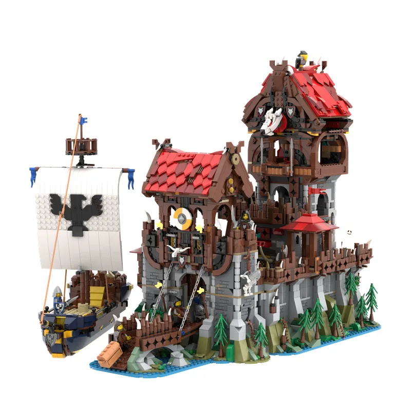

MOC-136695 Modular Wolfpack Tower & Medieval Ship - Classic Castle Assembled Stitching Block Model 4916 Brick Children's Gift