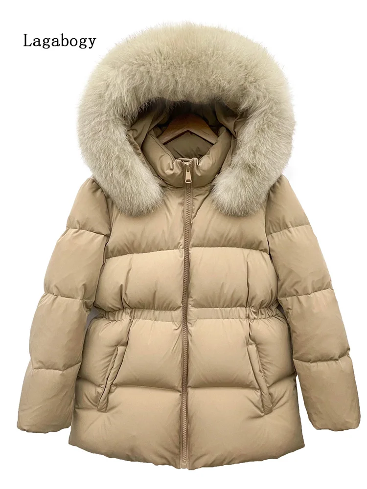 

Lagabogy 2022 Winter Women 90% White Duck Down Jacket Real Fox Fur Collar Female Hooded Puffer Coat Light Warm Waterproof Parkas