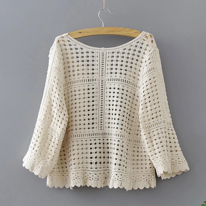 

Women Flare 3/4 Sleeve Kimono Cardigan Hollow Crochet Plaid Lace Cropped for Jac drop shipping