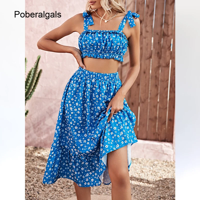 

Sexy Ladies Blue Floral Slip Skirt 2 Piece Set for Women Summer Skirt Sets 2022 New Ruffle Crop + Elastic Waist Skirt Suit